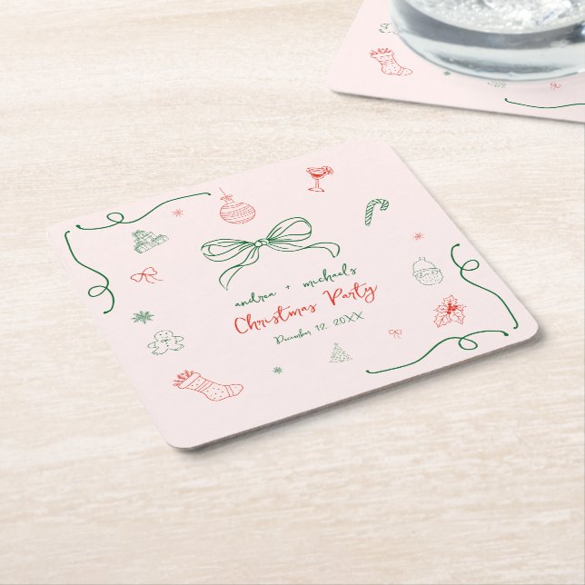 Whimsical Hand Drawn Fun French Christmas Party Square Paper Coaster (Angled)