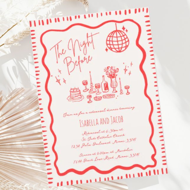 Whimsical Hand Drawn Fun Red Wavy Rehearsal Dinner Invitation (Creator Uploaded)