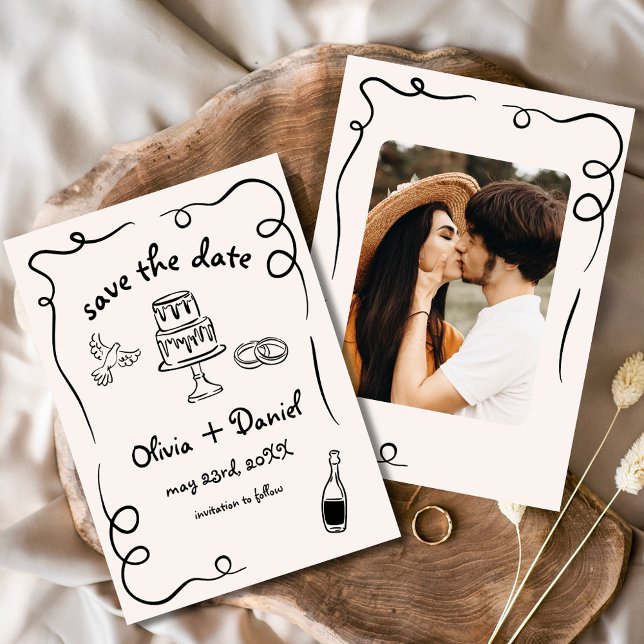 Whimsical Hand Drawn Funky Wedding Photo Save The Date (Creator Uploaded)