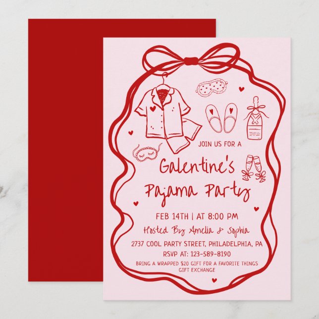 Whimsical Hand Drawn Galentine's Pajama Party  Invitation (Front/Back)
