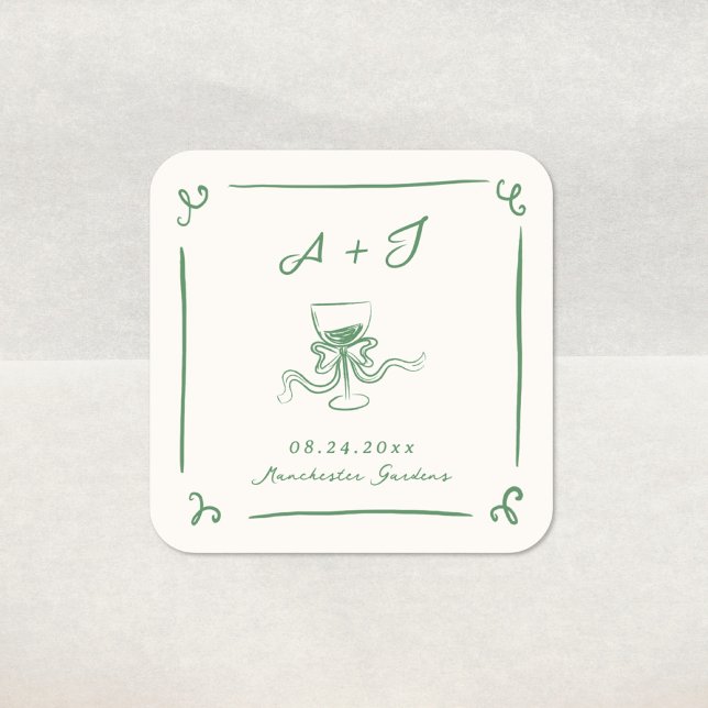Whimsical Hand Drawn Green Bow Wedding Square Sticker (Creator Uploaded)