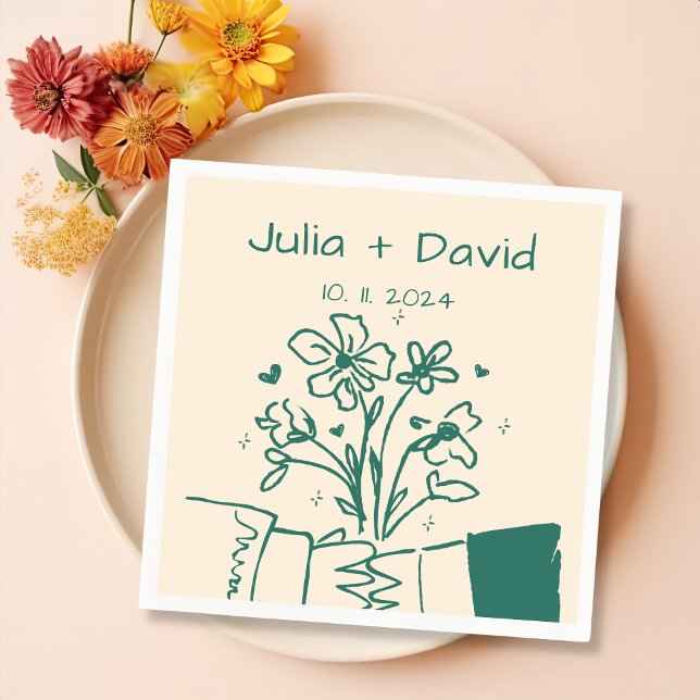 Whimsical Hand Drawn Green Floral Wedding Napkin (Creator Uploaded)