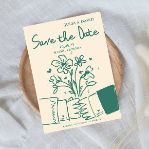 Whimsical Hand Drawn Green Floral Wedding Save The Date