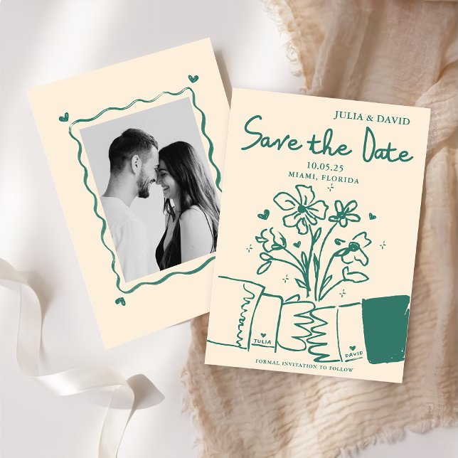 Whimsical Hand Drawn Green Floral Wedding Save The Date (Creator Uploaded)