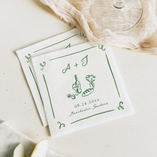 Whimsical Hand Drawn Green Food & Wine Wedding Napkin