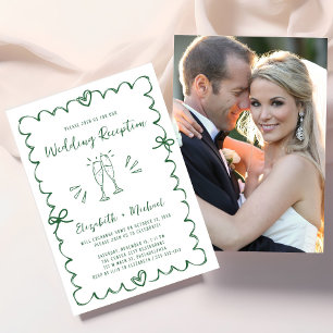Whimsical Hand Drawn Green Photo Wedding Reception Invitation