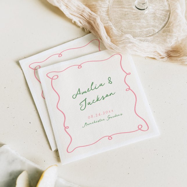 Whimsical Hand Drawn Green & Pink Wedding Napkins (Creator Uploaded)