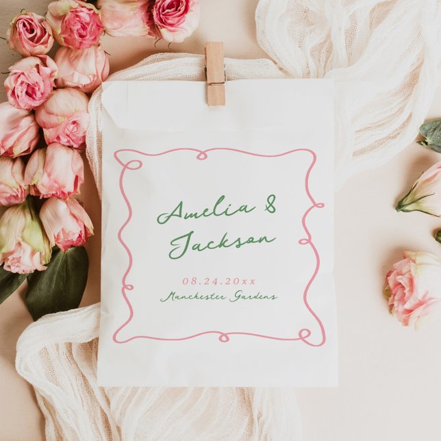 Whimsical Hand Drawn Green & Pink Wedding Napkins Favour Bag (Creator Uploaded)