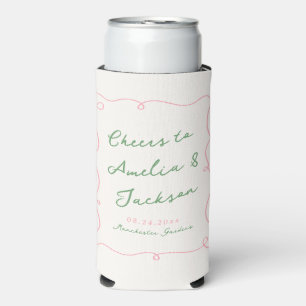 Whimsical Hand Drawn Green & Pink Wedding Seltzer Can Cooler