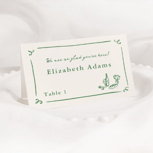 Whimsical Hand Drawn Green Place Card