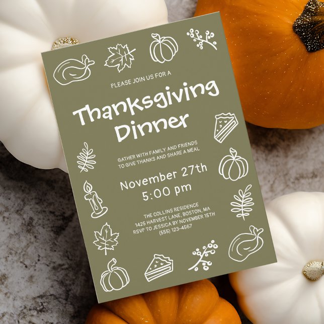 Whimsical Hand Drawn Green Thanksgiving Dinner Invitation (Whimsical Hand Drawn Green Thanksgiving Dinner Invitation)