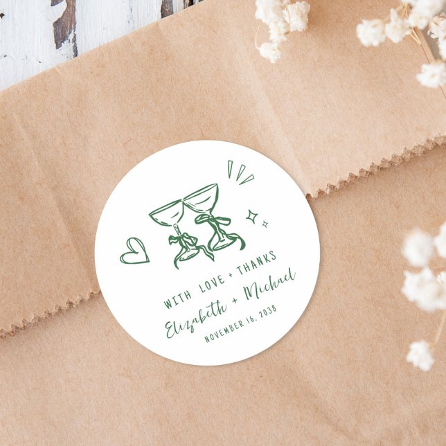 Whimsical Hand Drawn Green Wedding Thank You Classic Round Sticker (Whimsical Hand Drawn Green Wedding Thank You Classic Round Sticker)