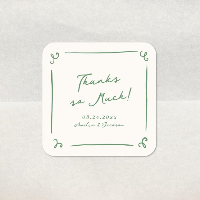 Whimsical Hand Drawn Green Wedding Thank You Square Sticker (Creator Uploaded)