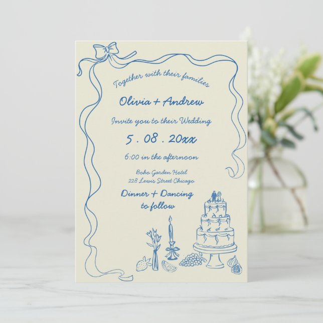Whimsical Hand Drawn Handwriting Retro Wedding Invitation (Standing Front)