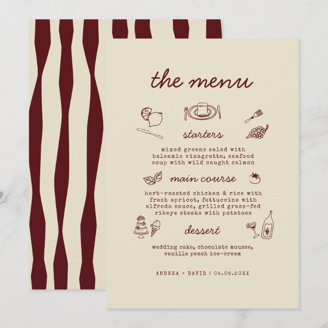 Whimsical Hand Drawn Handwritten Wedding Menu Card (Front/Back)