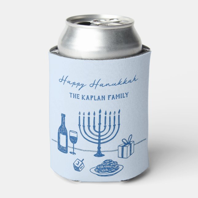 Whimsical Hand Drawn Hanukkah Party Trendy Custom Can Cooler (Can Front)