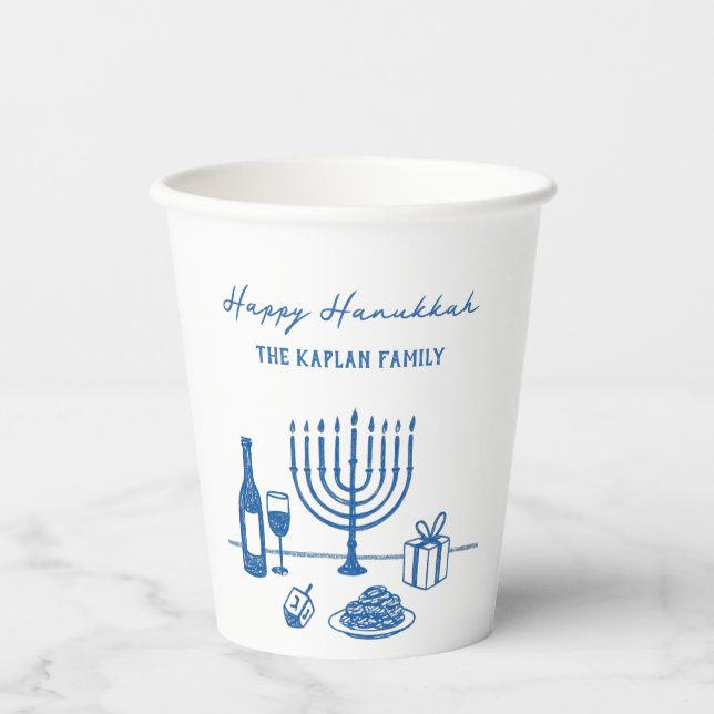 Whimsical Hand Drawn Hanukkah Party Trendy Custom Paper Cups (Front)