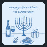 Whimsical Hand Drawn Hanukkah Party Trendy Custom Square Sticker<br><div class="desc">Bring a touch of whimsy to your Hanukkah celebration with these chic, hand-drawn favor stickers in a trendy blue color palette. The playful line art features a menorah, dreidel, latkes, and wine for a modern nod to tradition. Effortlessly stylish yet full of character, this whimsical Hanukkah design sets a cozy,...</div>