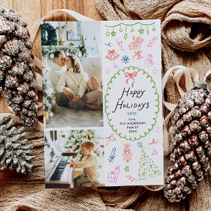 Whimsical Hand Drawn Happy Holidays 2 Photo Holiday Card
