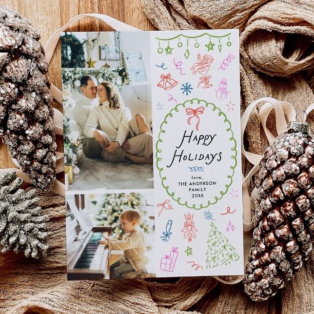 Whimsical Hand Drawn Happy Holidays 2 Photo  Holiday Card (Creator Uploaded)