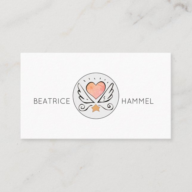 Whimsical Hand Drawn Heart & Wings Business Card (Front)