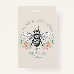 Whimsical Hand Drawn Honey Bee Apiary Floral Badge