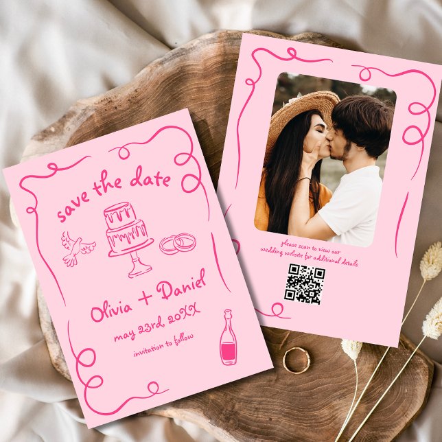 Whimsical Hand Drawn Hot Pink Wedding Photo Save The Date (Creator Uploaded)
