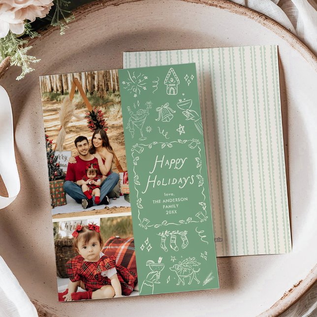 Whimsical Hand Drawn Icons Green Christmas 2 Photo Holiday Card (Creator Uploaded)