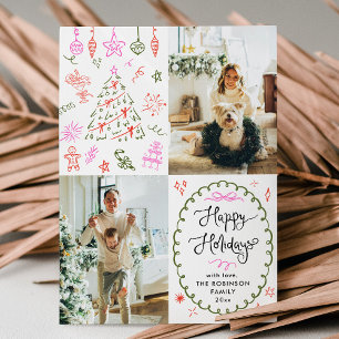Whimsical Hand Drawn Icons Happy Holidays 2 Photo Holiday Card