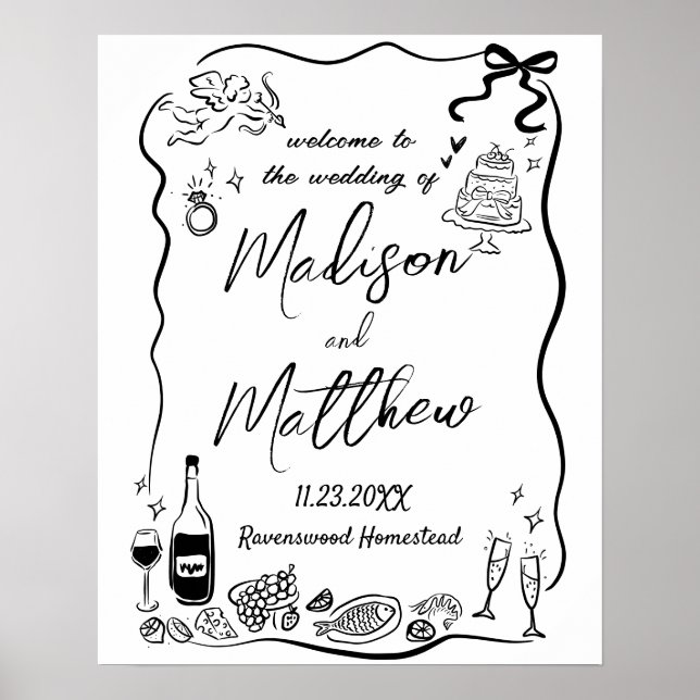 Whimsical Hand Drawn Illustrations Doodle Wedding  Poster (Front)