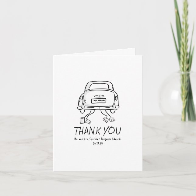 Whimsical Hand Drawn Just Married Car Wedding Thank You Card (Front)