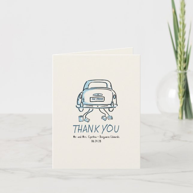Whimsical Hand Drawn Just Married Car Wedding Thank You Card (Front)