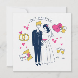 Whimsical Hand-Drawn "Just Married" Couple Doodle  Invitation