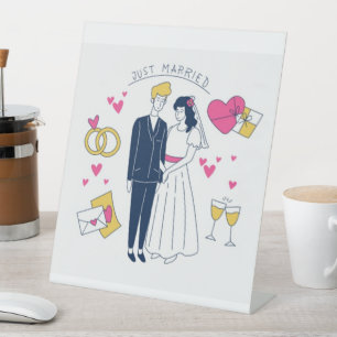 Whimsical Hand-Drawn "Just Married" Dancing Couple Pedestal Sign