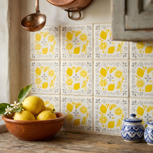 Whimsical Hand Drawn Lemons Yellow Grey Pattern Tile