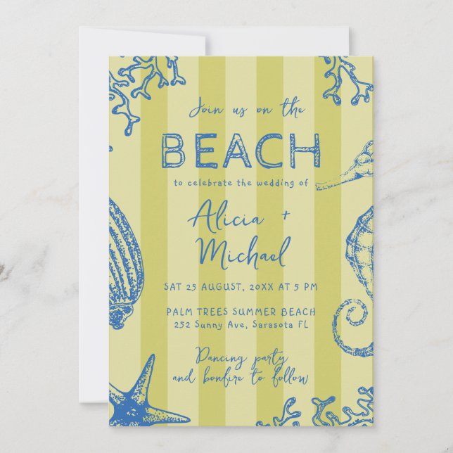 Whimsical hand drawn nautical coastal wedding  invitation (Front)
