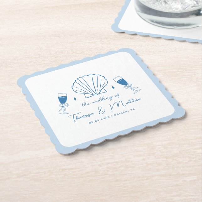 Whimsical Hand Drawn Nautical Coastal Wedding Paper Coaster (Angled)