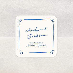 Whimsical Hand Drawn Navy Blue Wedding Square Sticker