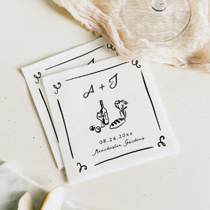 Whimsical Hand Drawn Navy Food & Wine Wedding Napkin