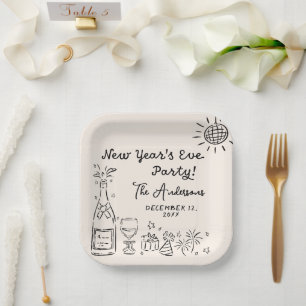 Whimsical Hand Drawn New Year's Eve Party Paper Plate
