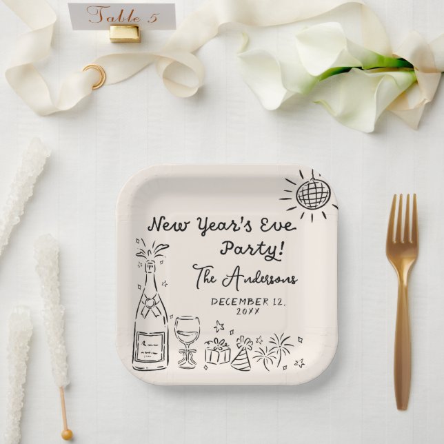 Whimsical Hand Drawn New Year's Eve Party Paper Plate (Wedding)