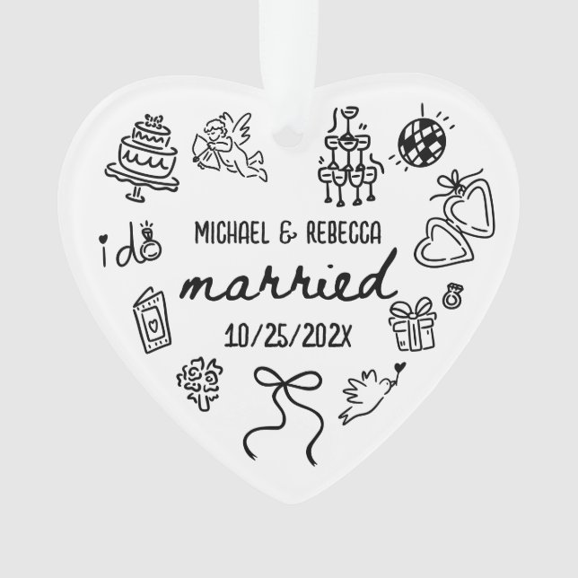 Whimsical Hand Drawn Newlywed First Christmas Ornament (Front)