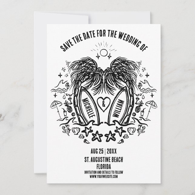 Whimsical Hand Drawn Palm Beach Doodle Wedding Save The Date (Front)