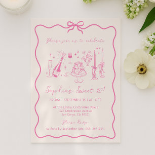 Whimsical Hand Drawn Pink Birthday Party  Invitation