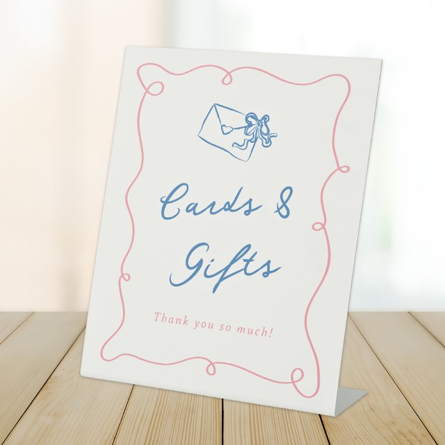 Whimsical Hand Drawn Pink & Blue Cards & Gifts Pedestal Sign (Creator Uploaded)