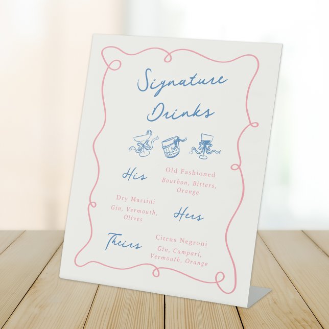 Whimsical Hand Drawn Pink & Blue Signature Drinks Pedestal Sign (Creator Uploaded)