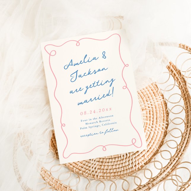 Whimsical Hand Drawn Pink & Blue Wedding Invitation (Creator Uploaded)