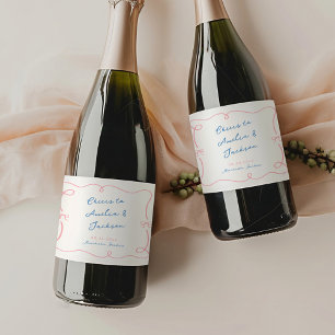 Whimsical Hand Drawn Pink & Blue Wedding Sparkling Wine Label