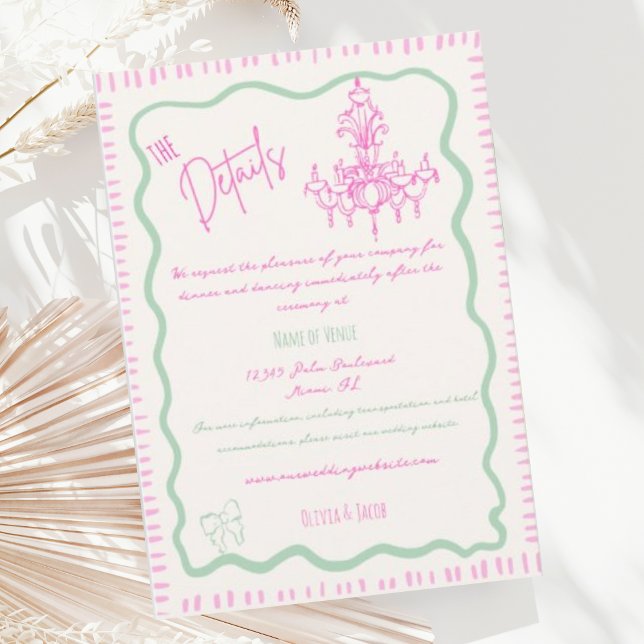 Whimsical Hand Drawn Pink Bow Wavy Wedding Details Enclosure Card (Creator Uploaded)