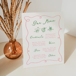 Whimsical Hand Drawn Pink & Green Bar Menu Pedestal Sign